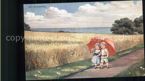 Kuenstlerkarte ein Sommertag Kinder Regenschirm