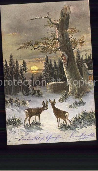 Kuenstlerkarte Rehe Sonnenuntergang