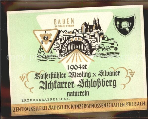 Breisach Rhein Weinetikett 1964er Achkarrer Schlossber