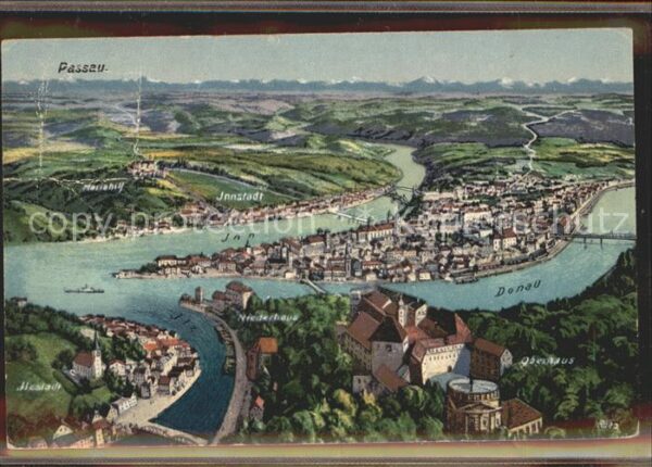 Passau Panorama Zusammenfluss von Inn Ilz und