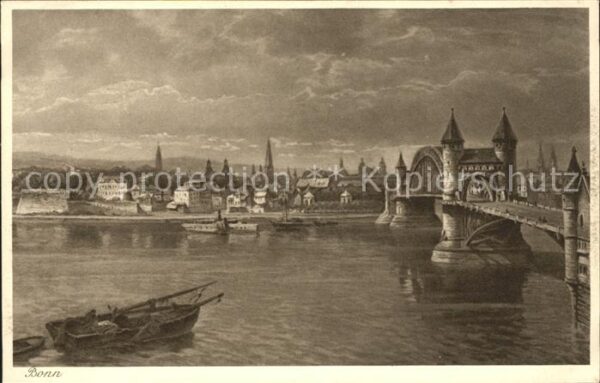 Bonn Rhein Teilansicht Rheinbrücke Fischerkahn