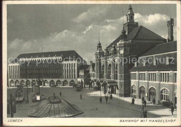 Luebeck Bahnhof mit Handelshof Kupfertiefdruck