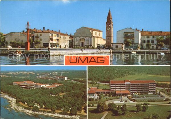 Umag Umago Istrien Ansicht vom Meer aus Kirche Hotelanlage