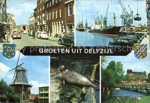 Delfzijl Strassenpartie Hafen Schiff Kran Windmü