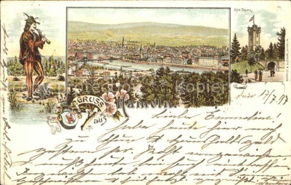 Hameln Weser Klütturm Rattenfänger Litho