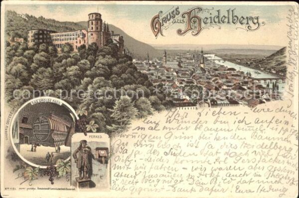 Heidelberg Neckar Das grosse Fass Perkeo Schloss Litho