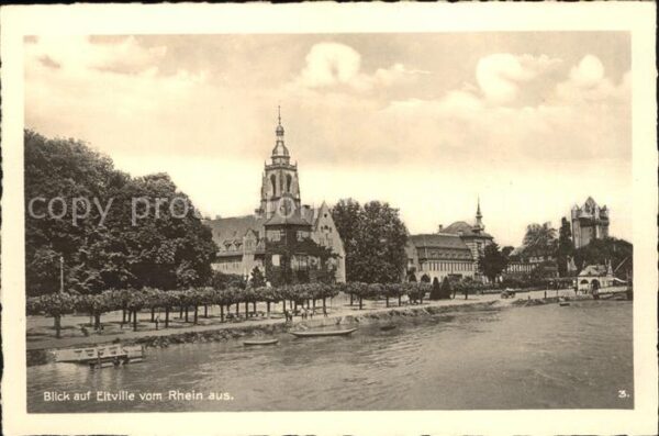 Eltville Rhein Ortsansicht mit Kirche vom Fluss aus