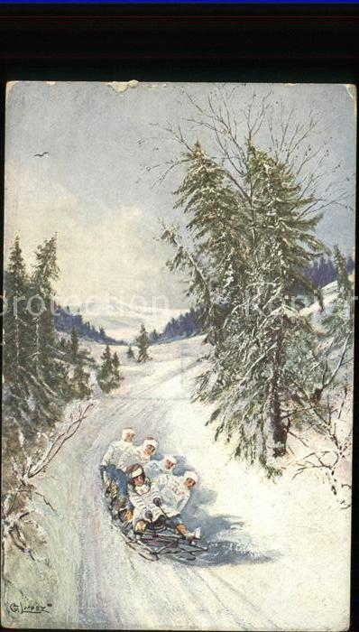 Schlitten Schnee Künstlerkarte G. Lorenz