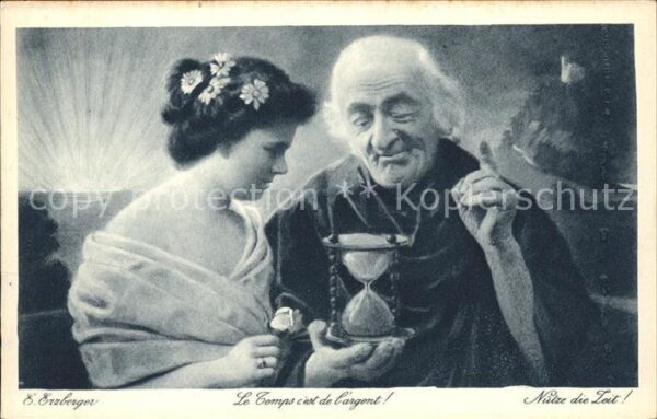 Uhren Sanduhr Künstlerkarte E. Erzberger le T
