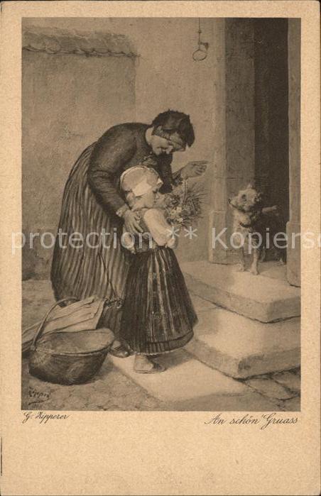 Kuenstlerkarte G. Zipperer Nr. 194 Hund Kind Blumen