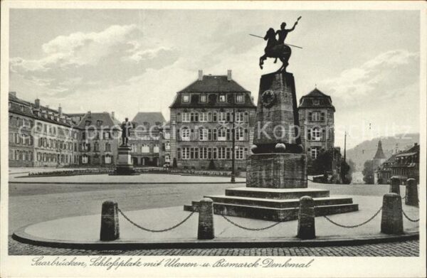 Saarbruecken Schloss mit Ulanen und Bismarck Denkmal