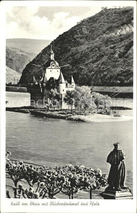 Kaub Rhein mit Blücherdenkmal und Pfalz