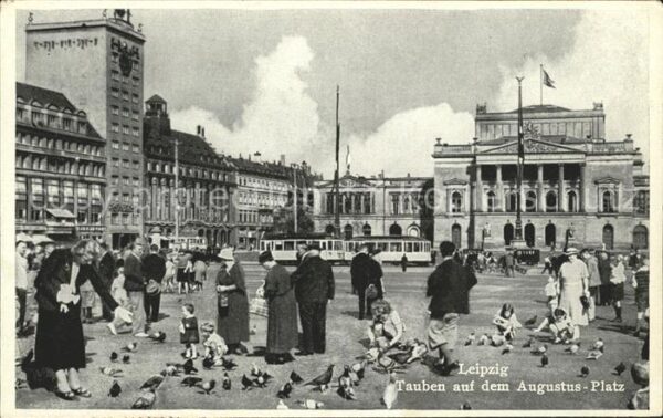 Leipzig Augustus-Platz Tauben füttern Strassenb