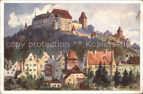 Landshut Isar Blick auf Burg Trausnitz Künstlerkarte