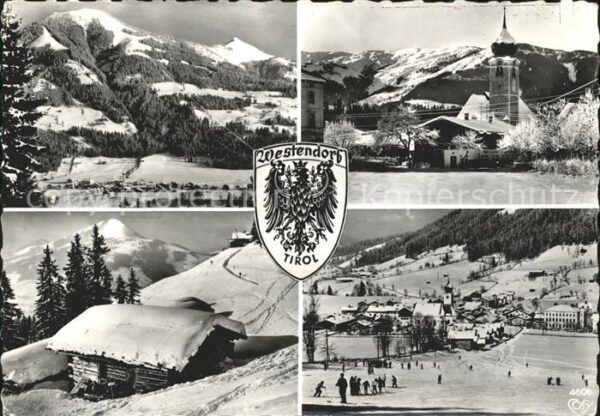 Westendorf Tirol Panorama Ortsblick Kirche Blockhütte Ei