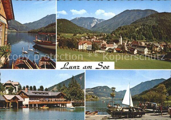 Lunz See Niederoesterreich Gesamtansicht mit Alpenpanorama Schwan