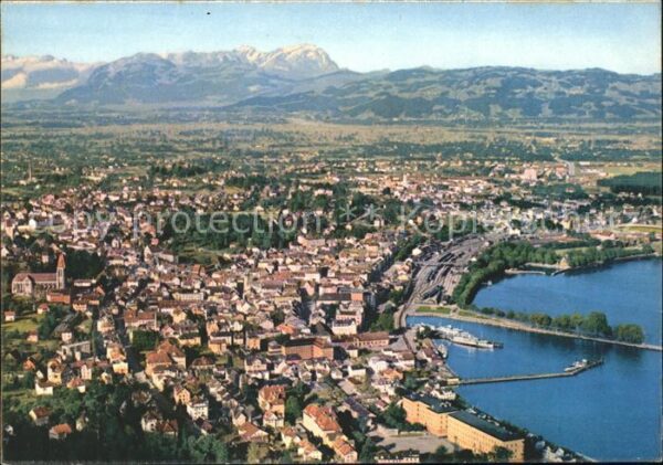Bregenz Vorarlberg Panorama mit Säntisgruppe Bodensee Hafe