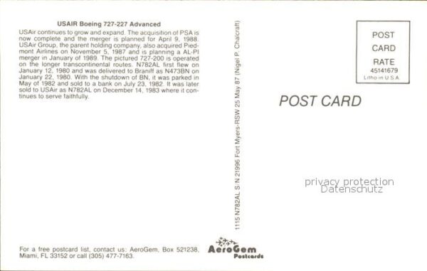 Flugzeuge Zivil Usair Boeing 727-227 Advanced N782AL – Bild 2
