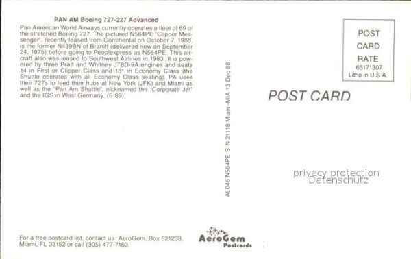 Flugzeuge Zivil PAN AM Boeing 727-227 Advanced AL046 N5 – Bild 2