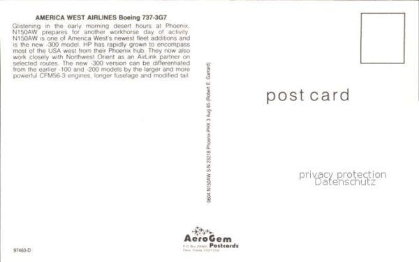 Flugzeuge Zivil America West Airlines Boeing 737-3G7 N1 – Bild 2