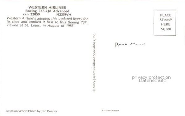 Flugzeuge Zivil Western Airlines Boeing 737-2J8 Advance – Bild 2