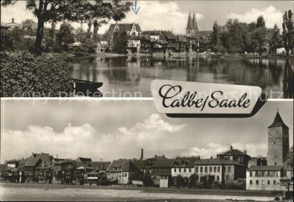 Calbe Saale Partie am Fluss Kirche Turm