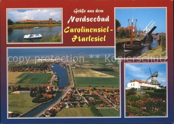 Carolinensiel-Harlesiel Ostfriesland Fliegeraufnahme Mühle Boot Brücke