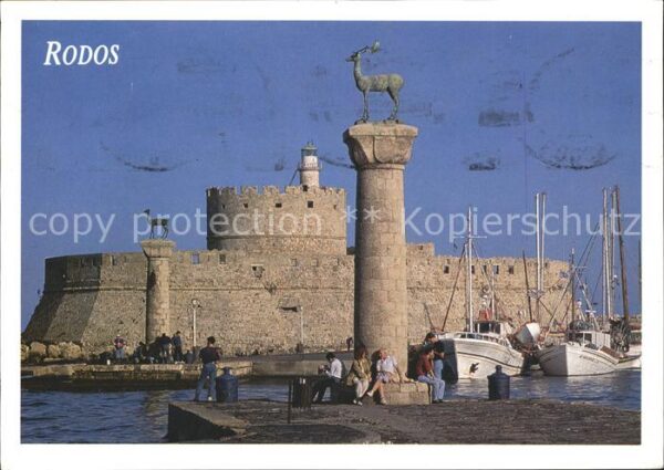 Rhodos Rhodes Aegaeis Hafeneinfahrt Festung Statue Elafos