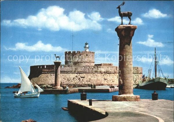 Rhodos Rhodes Aegaeis Hafeneinfahrt Festung Statue Elafos Ela