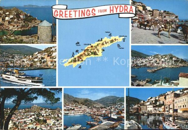Hydra Greece Teilansichten Hafen Windmühle Fährschif