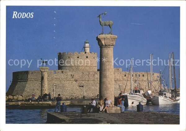 Rhodos Rhodes Aegaeis Hafeneinfahrt Festung Statue Elafos Ela