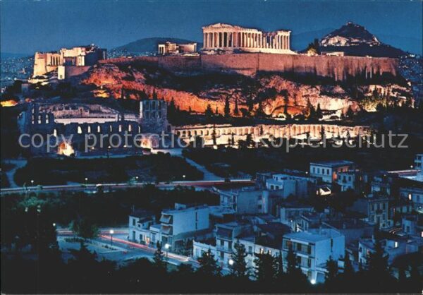 Athenes Athen Beleuchtete Akropolis bei Nacht Tempel