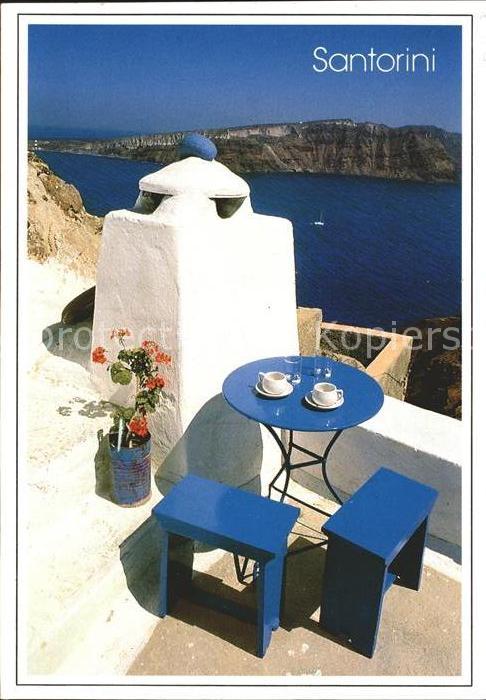 Santorin Thira Thera Dachterrasse Blick übers Meer