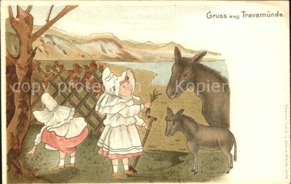 Travemuende Ostseebad Mädchen mit Eseln Karikatur