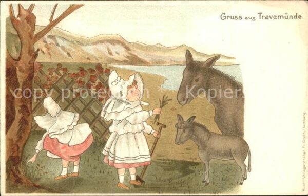 Travemuende Ostseebad Mädchen mit Esel Karikatur