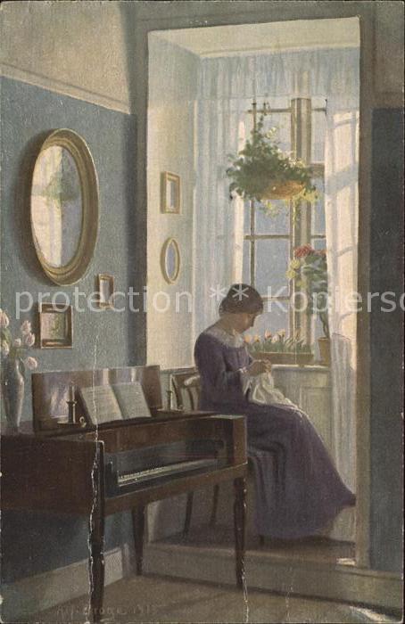 Kuenstlerkarte Alfred Broge Im Erker Handarbeit nähen