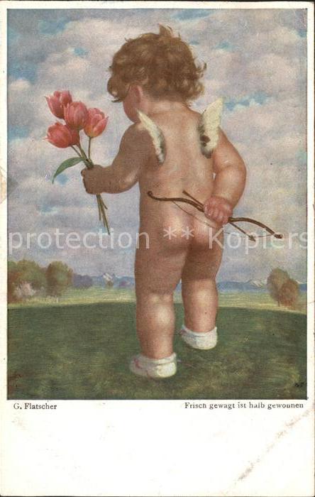 Kuenstlerkarte G. Flatscher Engel Tulpen Pfeil und Bog