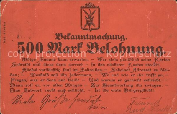 Humor Bekanntmachung 500 Mark Belohnung