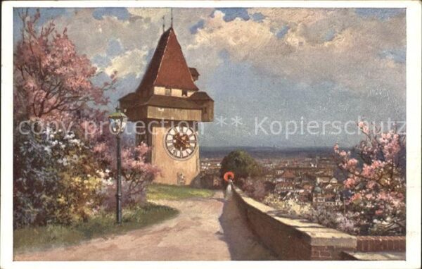 Graz Steiermark Uhrturm Baumblüte Künstlerkarte Nr. 701