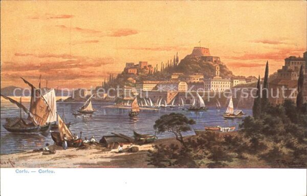 Corfu Korfu Hafen Küste Segelboot Künstlerkarte Ser