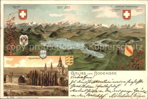 Konstanz Bodensee Panoramakarte mit Schweizer Alpen Stadt