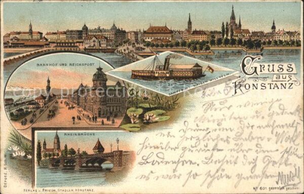 Konstanz Bodensee Panorama Bahnhof und Reichspost Dampfer