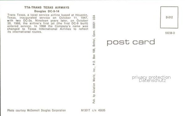 Flugzeuge Zivil TTA-Trans Texas Airways Douglas DC-9-14 – Bild 2