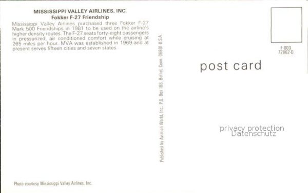 Flugzeuge Zivil Mississippi Valley Airlines Inc. Fokker – Bild 2