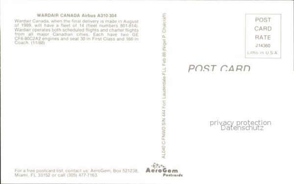 Flugzeuge Zivil Wardair Canada A310-304 C-FNWD s/n 444 – Bild 2