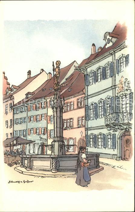 Freiburg Breisgau Gotischer Brunnen Originalzeichnung von