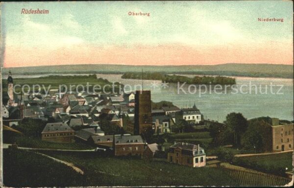 Ruedesheim Rhein Panorama mit Oberburg und Niederburg