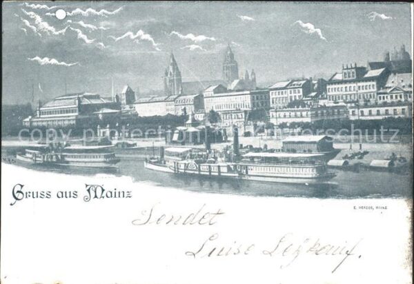 Mainz Rhein Rheinufer Dampfer im Mondschein Deutsch