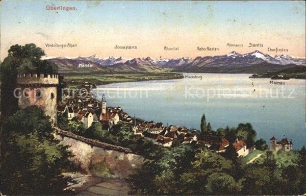 Ueberlingen Bodensee Turm Panorama mit Schweizer Alpen