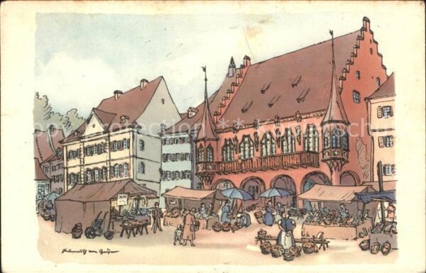 Freiburg Breisgau Kaufhaus Markt Künstlerkarte Originalze